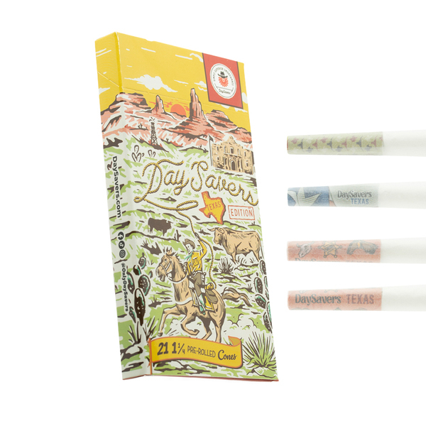 Display Box - DaySavers 1 1/4 Half-Gram Texas Pre-Rolled Cones - Refined White [20 Packs, 21 Cones per Pack] - .5g