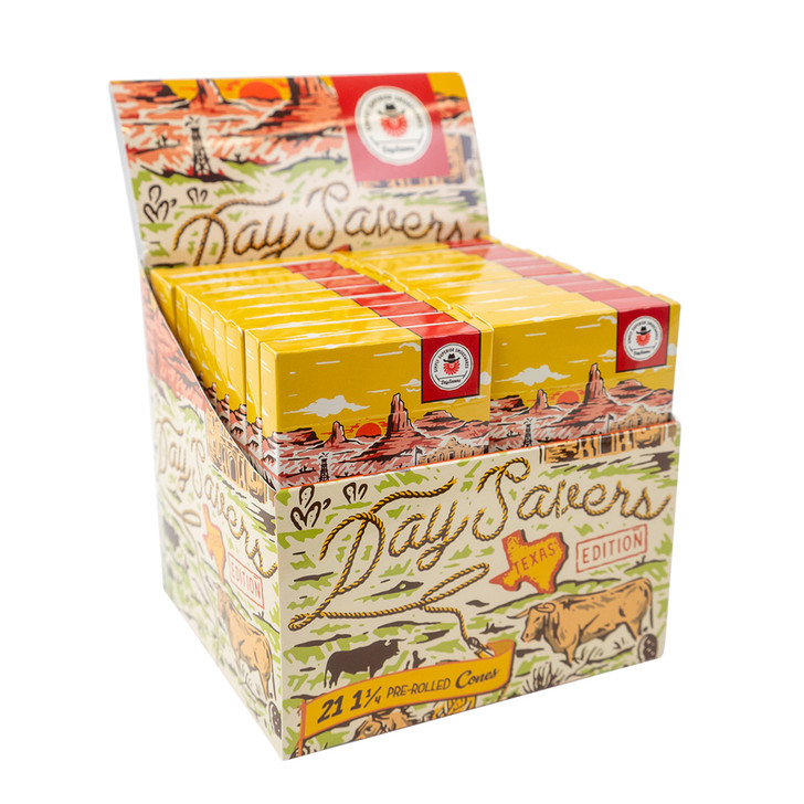 Display Box - DaySavers 1 1/4 Half-Gram Texas Pre-Rolled Cones - Refined White  [20 Packs, 21 Cones per Pack]