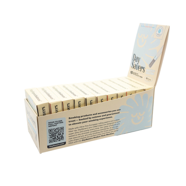 DaySavers Display Box - 84mm/30mm Refined White Artisan Tubes with Glass Tip [22 Packs in Case - 10 Tubes Per Pack]