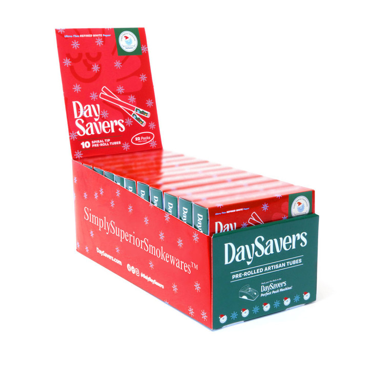 Display Case - DaySavers Half Gram 1 1/4 Christmas Edition - Refined White Artisan Pre Rolled Tubes with Spiral Filter Tips [22 Packs in Case - 10 Tubes Per Pack]