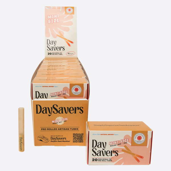 Display Case - DaySavers Minis Natural Brown Artisan Pre Rolled Tubes with Spiral Filter Tips [20 Tubes Per Pack]