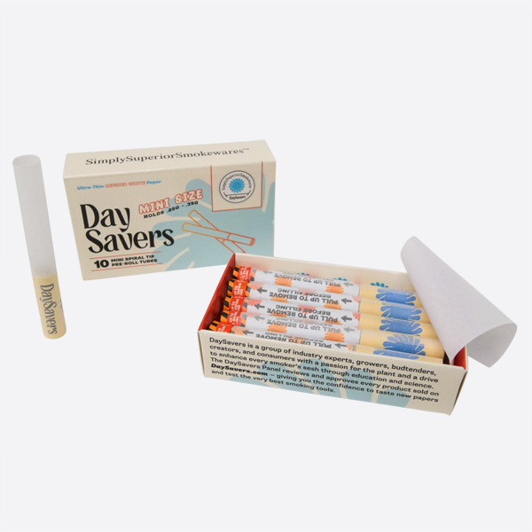 Display Case - DaySavers Minis Refined White Artisan Pre Rolled Tubes with Spiral Filter Tips [10 Tubes Per Pack]