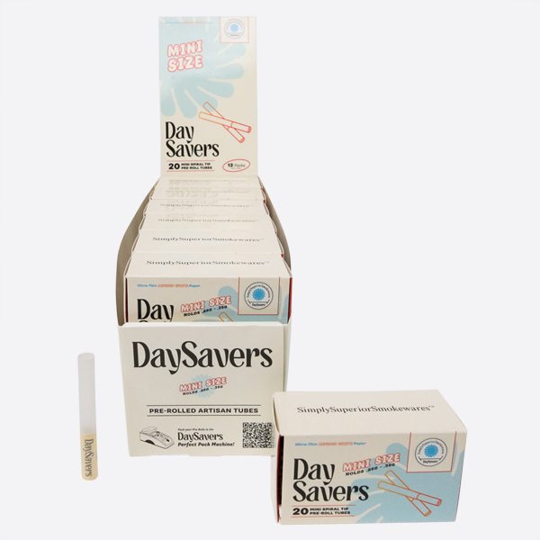 Display Case - DaySavers Half Gram 1 1/4 Refined White Artisan Pre Rolled Tubes with Spiral Filter Tips [20 Tubes Per Pack]