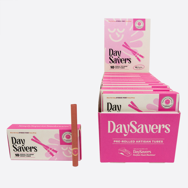 DaySavers Display Case - Half Gram 1 1/4 Pink Hybrid Hemp Blunt Wrap Artisan Pre Rolled Tubes with Spiral Filter Tips [10