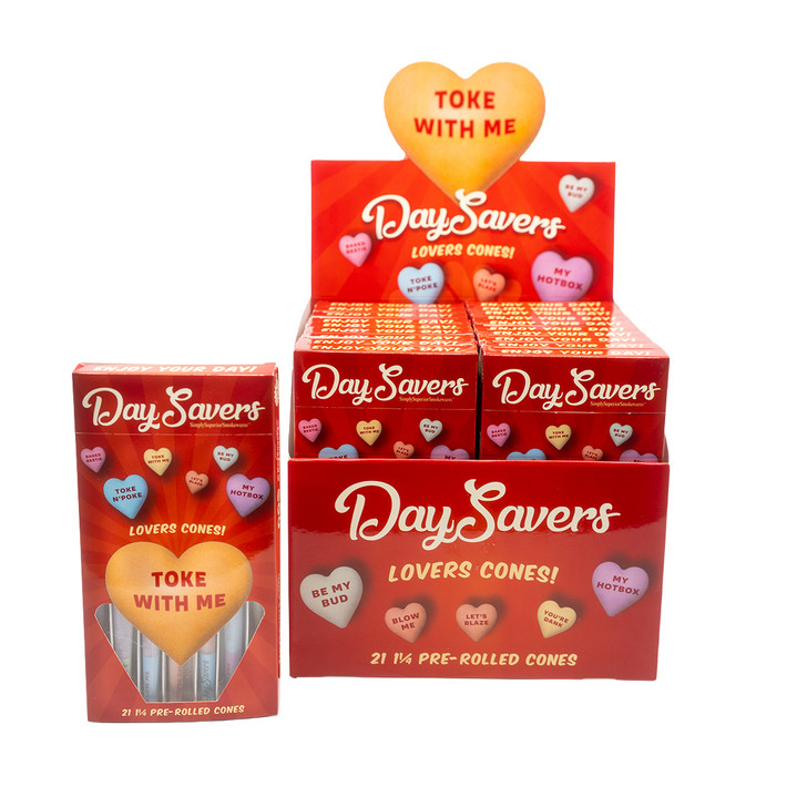 DaySavers Display Box - 84mm/26mm Lovers Pre-Rolled Cones - Refined White [20 Packs with 21 Cones per Pack]