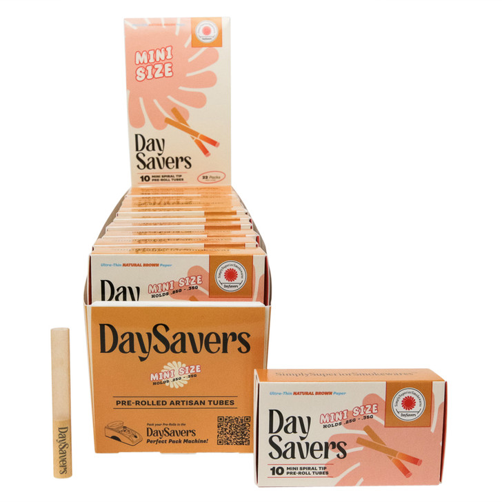 Display Case - DaySavers Minis Natural Brown Artisan Pre Rolled Tubes with Spiral Filter Tips [22 Packs in Case] [10 Tubes Per Pack]