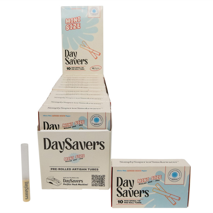 Display Case - DaySavers Minis Refined White Artisan Pre Rolled Tubes with Spiral Filter Tips [22 Packs in Case] [10 Tubes Per Pack]