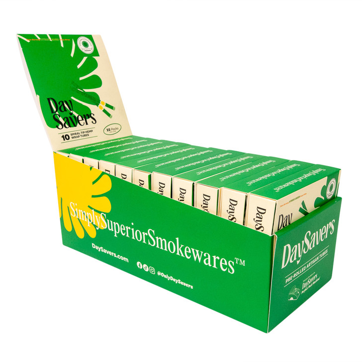 Display Case - DaySavers Half Gram 1 1/4 Green Hybrid Hemp Blunt Wrap Artisan Pre Rolled Tubes with Spiral Filter Tips [Case of 22 Packs, 10 Tubes per Pack]