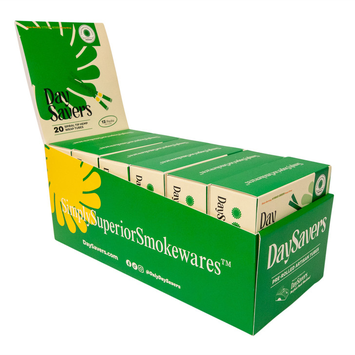 Display Case - DaySavers Half Gram 1 1/4 Green Hybrid Hemp Blunt Wrap Artisan Pre Rolled Tubes with Spiral Filter Tips [Case of 12 Packs, 20 Tubes per Pack]