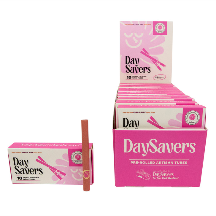 Display Case - DaySavers Half Gram 1 1/4 Pink Hybrid Hemp Blunt Wrap Artisan Pre Rolled Tubes with Spiral Filter Tips [Case of 22 Packs, 10 Tubes per Pack]