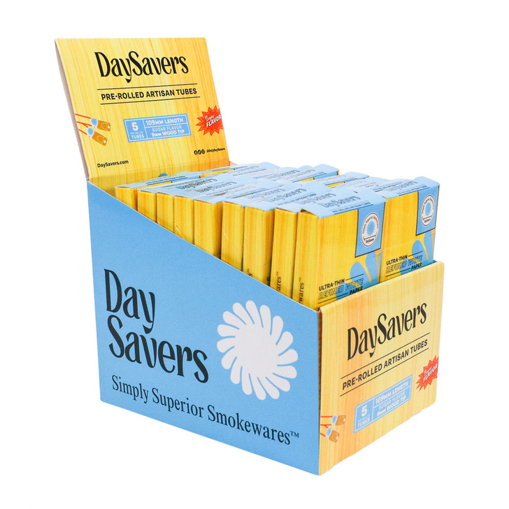 Display Box - DaySavers 1 Gram King Size Pre Rolled Tubes with Sugar Flavor Wood Filter Tips [20 Packs, 5 Tubes per Pack]
