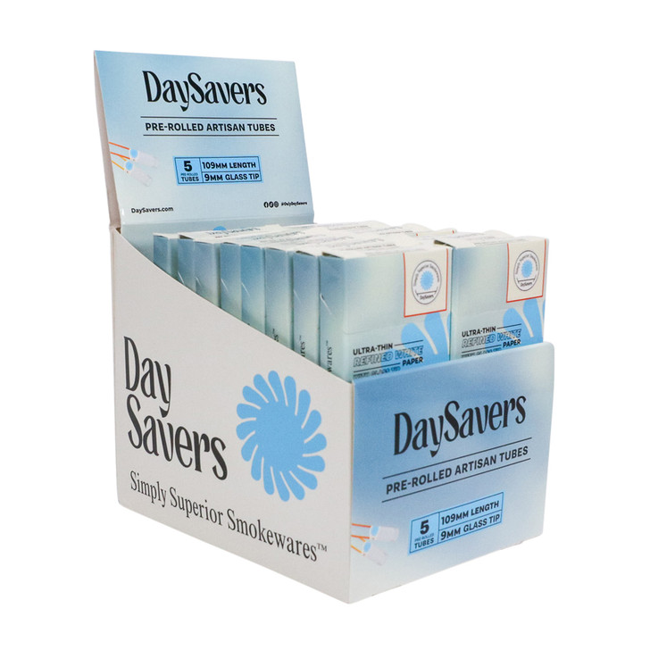 Display Box - DaySavers 1 Gram King Size Pre Rolled Tubes with Glass Filter Tips [20 Packs, 5 Tubes per Pack]