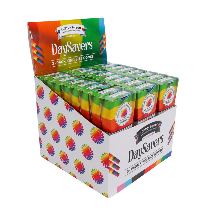 Display Case - DaySavers 1 Gram King Size LGBTQ+ Pride Flag Pre Rolled Cones [Case of 24 Packs, 3 Cones per Pack]