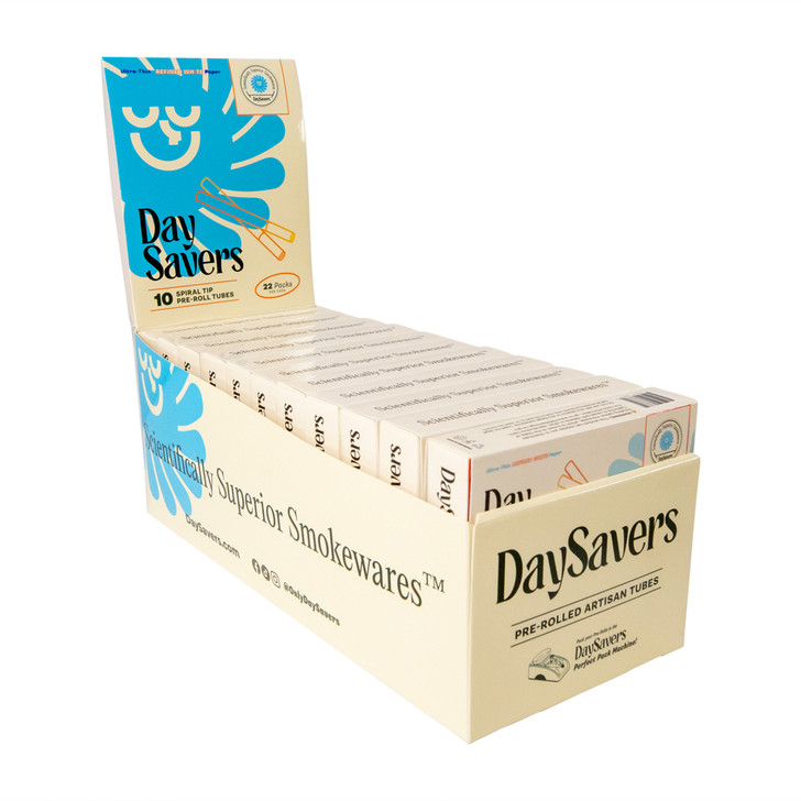Display Case - DaySavers Half Gram 1 1/4 Refined White Artisan Pre Rolled Tubes with Spiral Filter Tips [22 Packs in Case - 10 Tubes Per Pack]