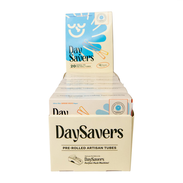 Display Case - DaySavers Half Gram 1 1/4 Refined White Artisan Pre Rolled Tubes with Spiral Filter Tips [12 Packs in Case - 20 Tubes Per Pack]