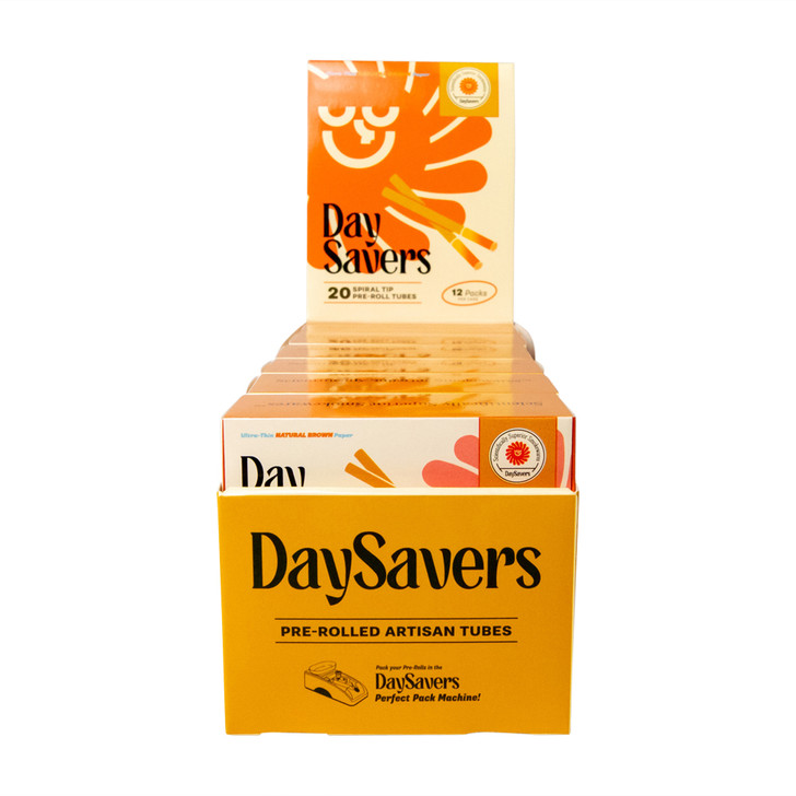 Display Case - DaySavers Half Gram 1 1/4 Natural Brown Artisan Pre Rolled Tubes with Spiral Filter Tips [12 Packs in Case - 20 Tubes Per Pack]