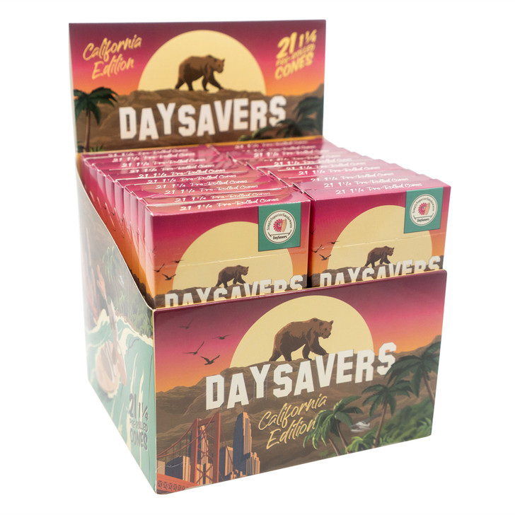 DaySavers Display Box - 84mm/26mm California State Pre-Rolled Cones - Refined White [20 Packs, 21 Cones per Pack]