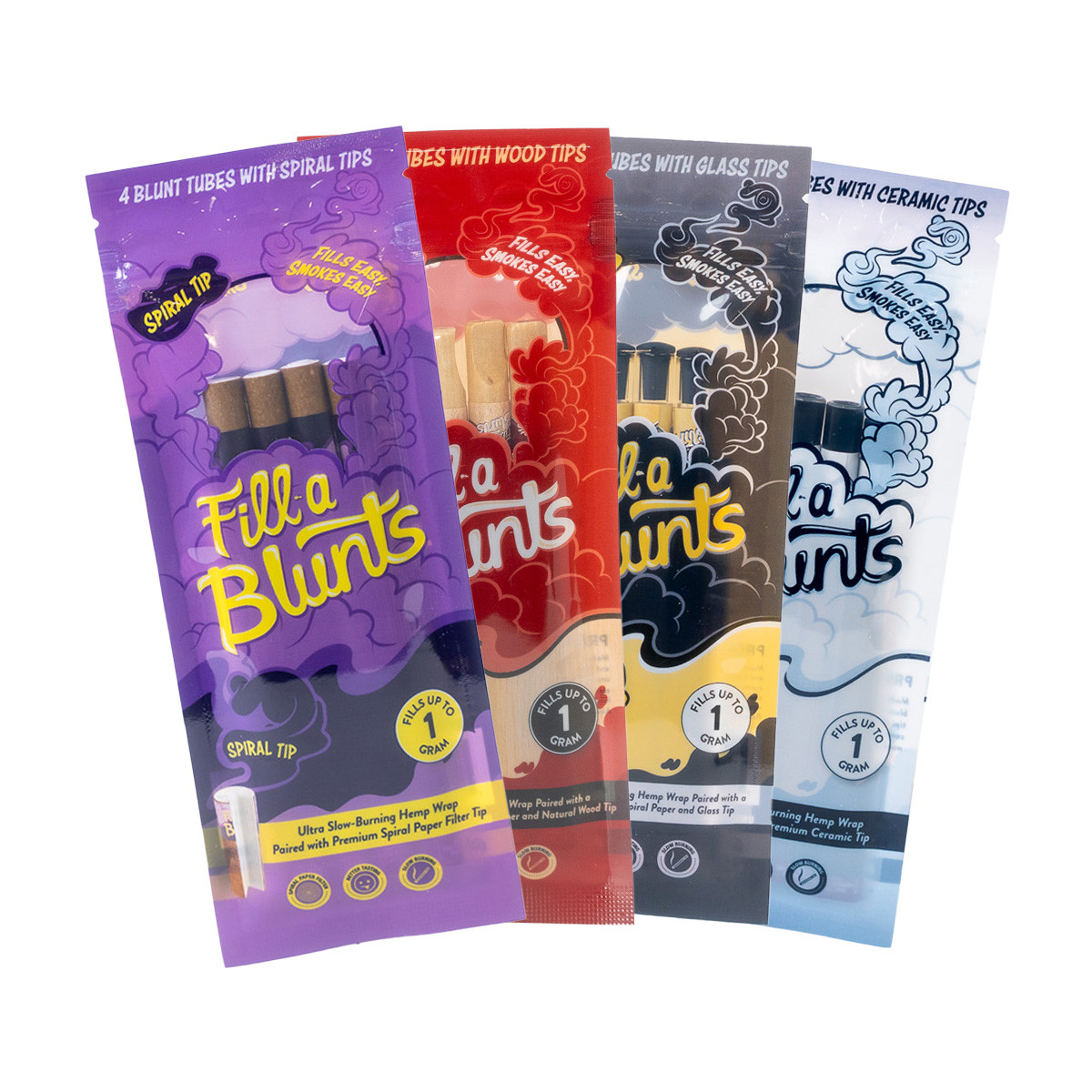 Fill-a Blunts 1 Gram Premium Blunt Tubes Bundle - Glass, Ceramic, Wood, and Spiral Tips - 16 1g Tubes! [4 Packs with 4 Blunt