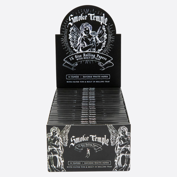 Smoke Temple 1 1/4 White Rolling Papers with Filter Tips and Rolling Tray - Display Box