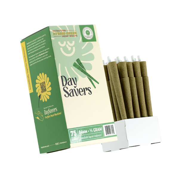 DaySavers Half Gram 1 1/4 Green Hybrid Hemp Blunt Wrap Pre Rolled Cones [75 Cone Box] - .5g