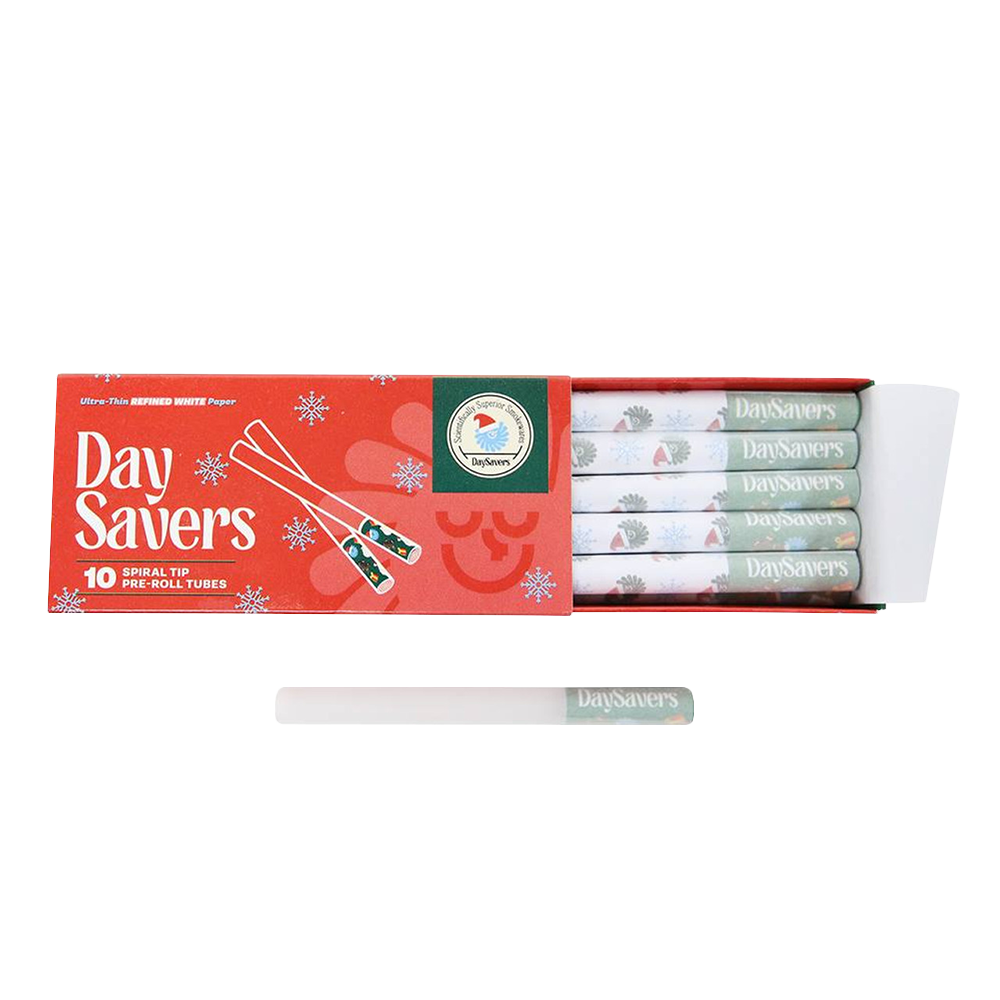 Display Case - DaySavers Half Gram 1 1/4 Christmas Edition - Refined White Artisan Pre Rolled Tubes with Spiral Filter Tips [