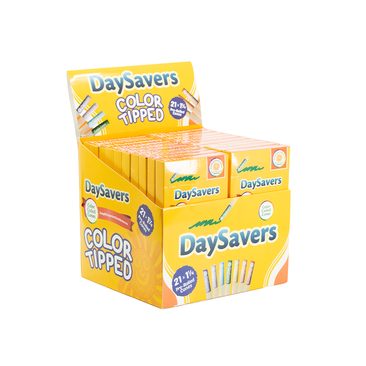 DaySavers Display Box - 84mm/26mm Color Tip  Pre-Rolled Cones - Refined White [20 Packs - 21 Cones per Pack]